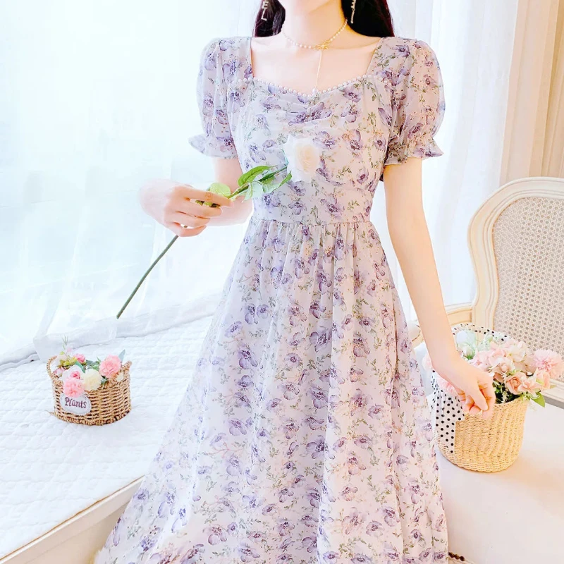 

2023 Summer French Vintage Floral Chiffon Dress Square Collar Puff Sleeves A-line Dress Korean Elegant Fashion Dress for Women