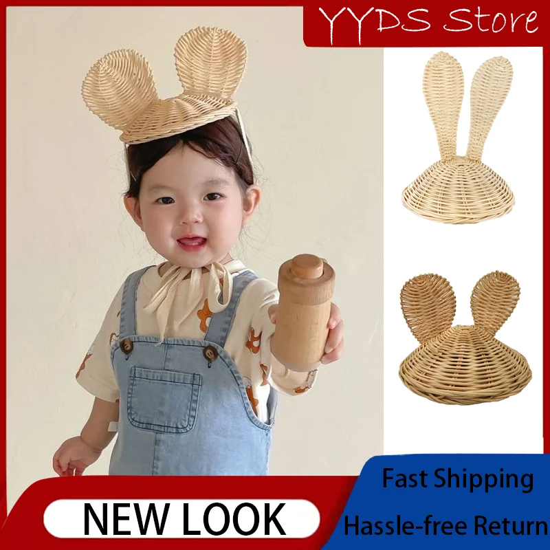Children's Handmade Rattan Rabbit Ear Caps for Boys and Girls Handmade Straw Lace-up Mouse Ear Headdress Baby Cap