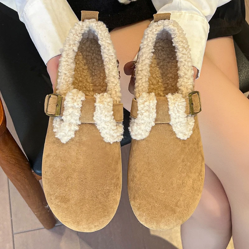 

Мокасины женские с круглым носком, мягкие туфли, без застежки, меховые кроссовки, повседневная обувь, ретро Мокасины, без застежки, зима