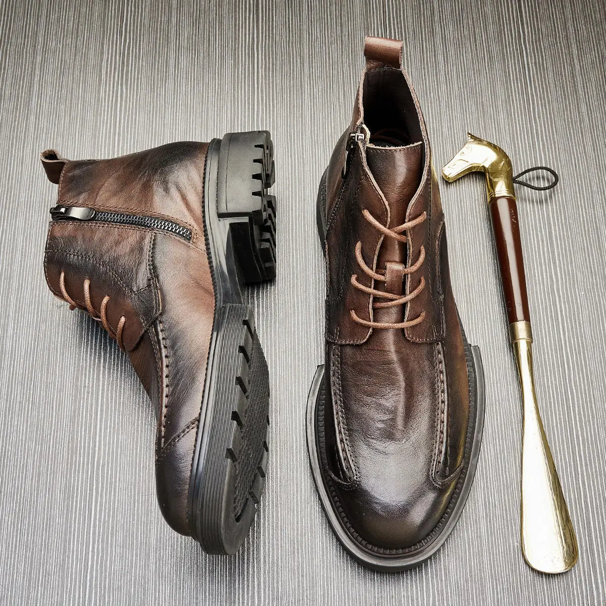 Men Side Zip Leather Boots High-top Thick Sole Shoes British Style Lace-up Comfortable Leisure Non-slip Footwear Bota Masculina