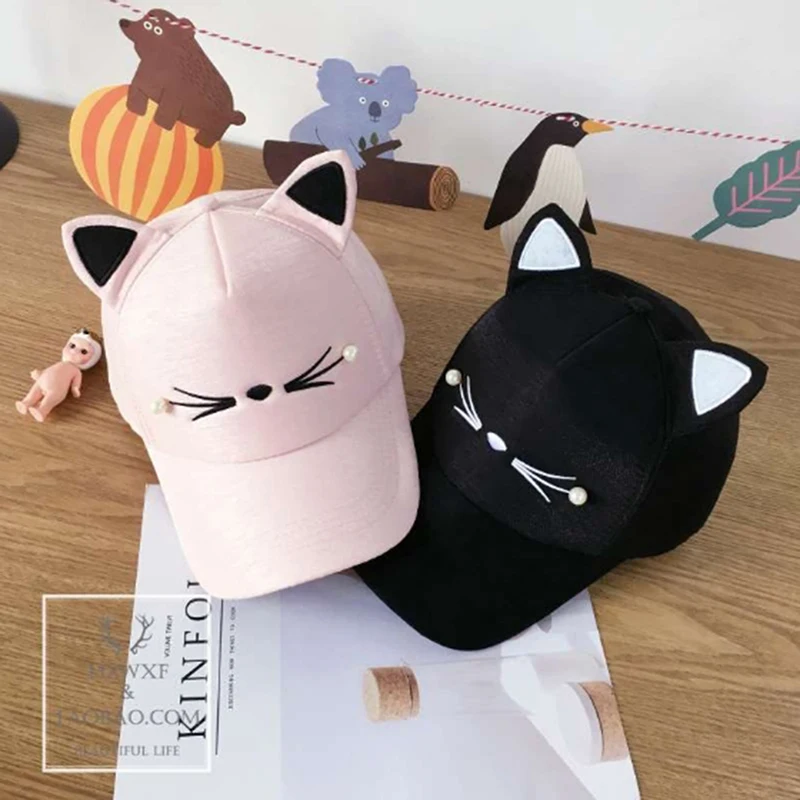 1PC Fashion Cute Cat Ears Snapback Cap Brand Street Adjustable 56- 61cm Lovely Embroidery Hat Boy Girl Pearl Baseball Cap
