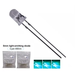 Ice Blue High Luminous LED Light - 5mm, Cyan Hue, DC 3.2 - 3.4V, 20mA - 100pcs (490nm Cyan)
