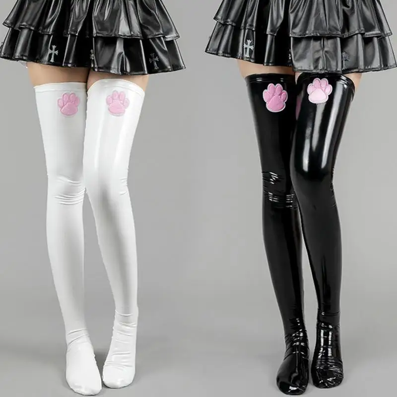 

2023 New Anime Girl Cat Paw Cute Leather Glossy Stockings Hold-ups Women Over Knee High Thighs Socks Cosplay 1pair