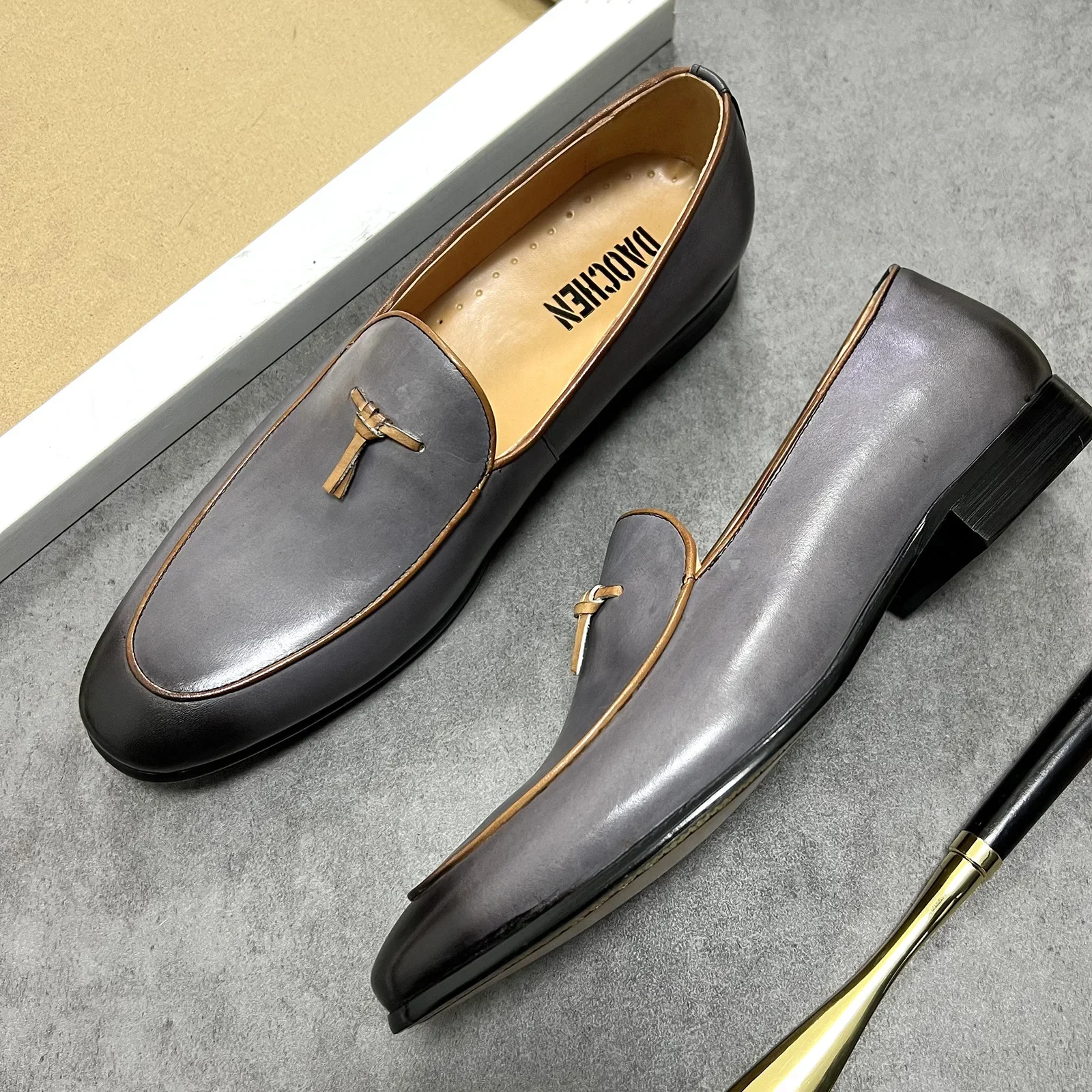 ITALIAN MEN LOAFERS SHOES GRAY HANDMADE SLIP ON TASSEL LOAFERS WEDDING OFFICE SHOES REAL LEATHER CASUAL DRESS MEN SHOES 5