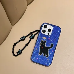 Chic Glittering Blue & Black Cat Wrist Chain Phone Case - iPhone 15 (With Chain)