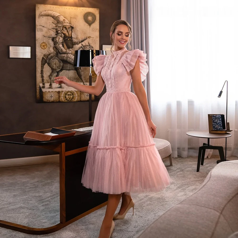 

Pink Tulle Evening Dresses High Neck Short Sleeves A-Line Lace Prom Dress Tea Length Wedding Party Gowns 2023 فساتين السهرة