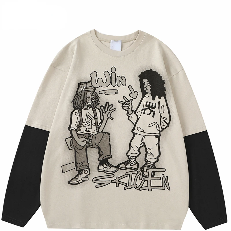 

Men Streetwear Hip Hop Oversize T Shirt Cartoon Graphic Patchwork Harajuku T-Shirt 2023 Long Sleeve Tshirt Loose Tops Tees Y2K