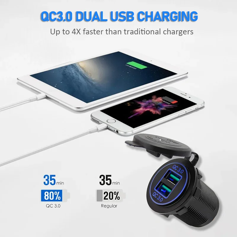 4 in 1 Charger Outlet Socket Panel QC 3.0 Dua 12V USB Power Outlet Car Voltmeter Cigarette Lighter Socket Rocker Toggle Switch 2