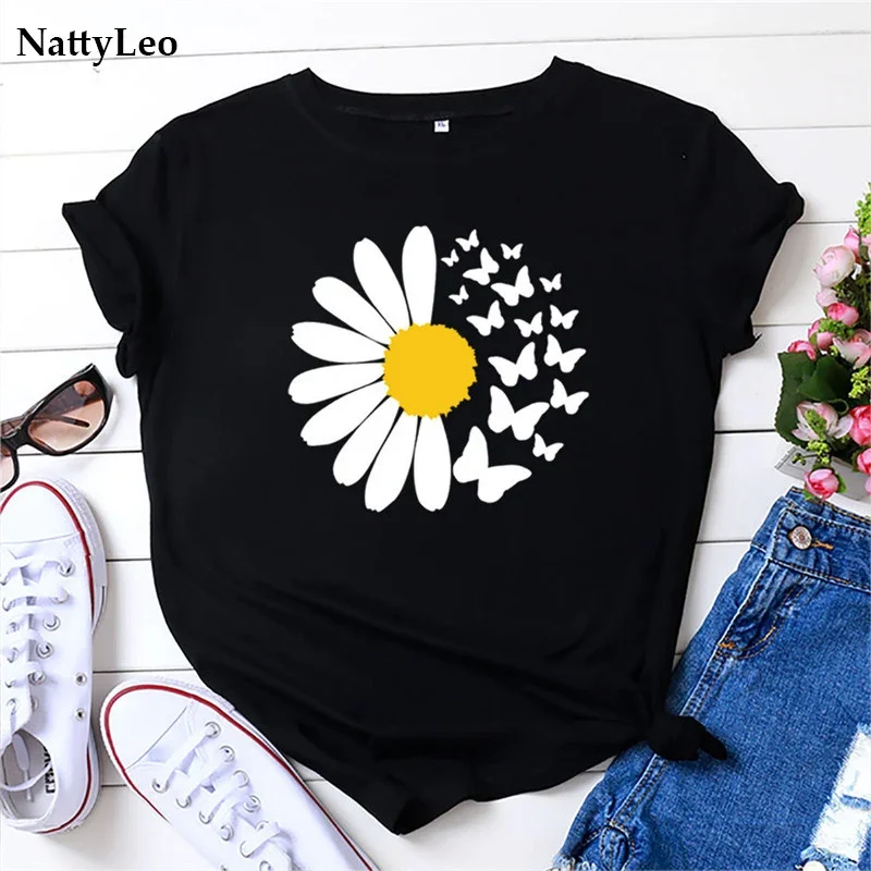 

Floral T Shirt 100%Cotton Woman TShirts New Daisy Flower Print T-Shirt Women Shirts O Neck Short Sleeve Tees Summer Fashion Tops