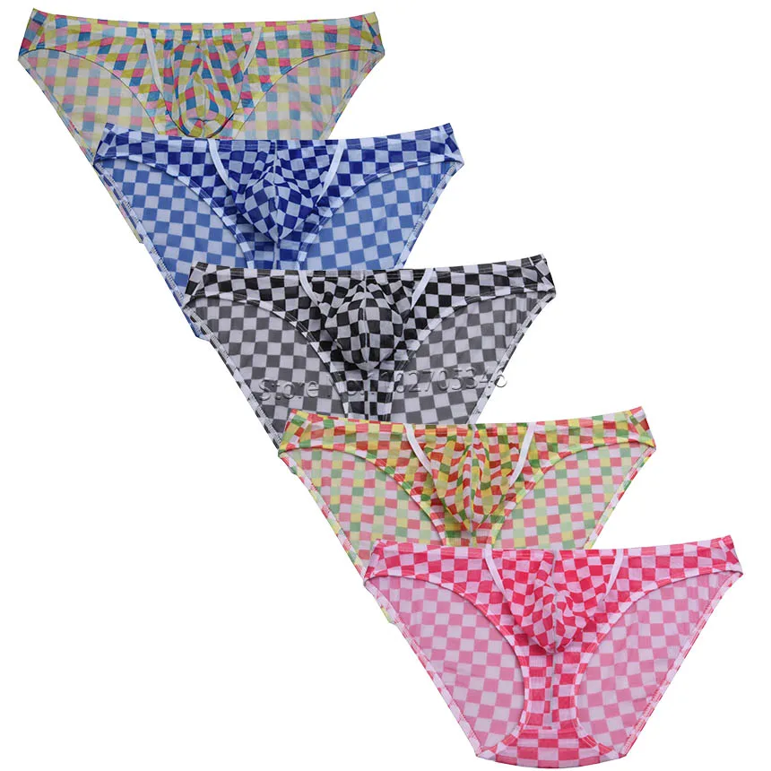 Men's Brief Mesh Plaid Mini Pants Underwear Penis Hole Bulge Pouch Briefs Fishnet Penis Pouch Underpants Hombre Panties