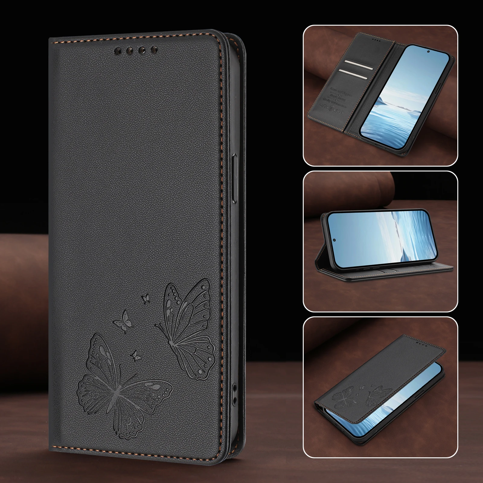 Double Butterfly Leather Wallet Case - Stylish Magnetic Flip Cover with Multi-Card Slots and Elegant Design