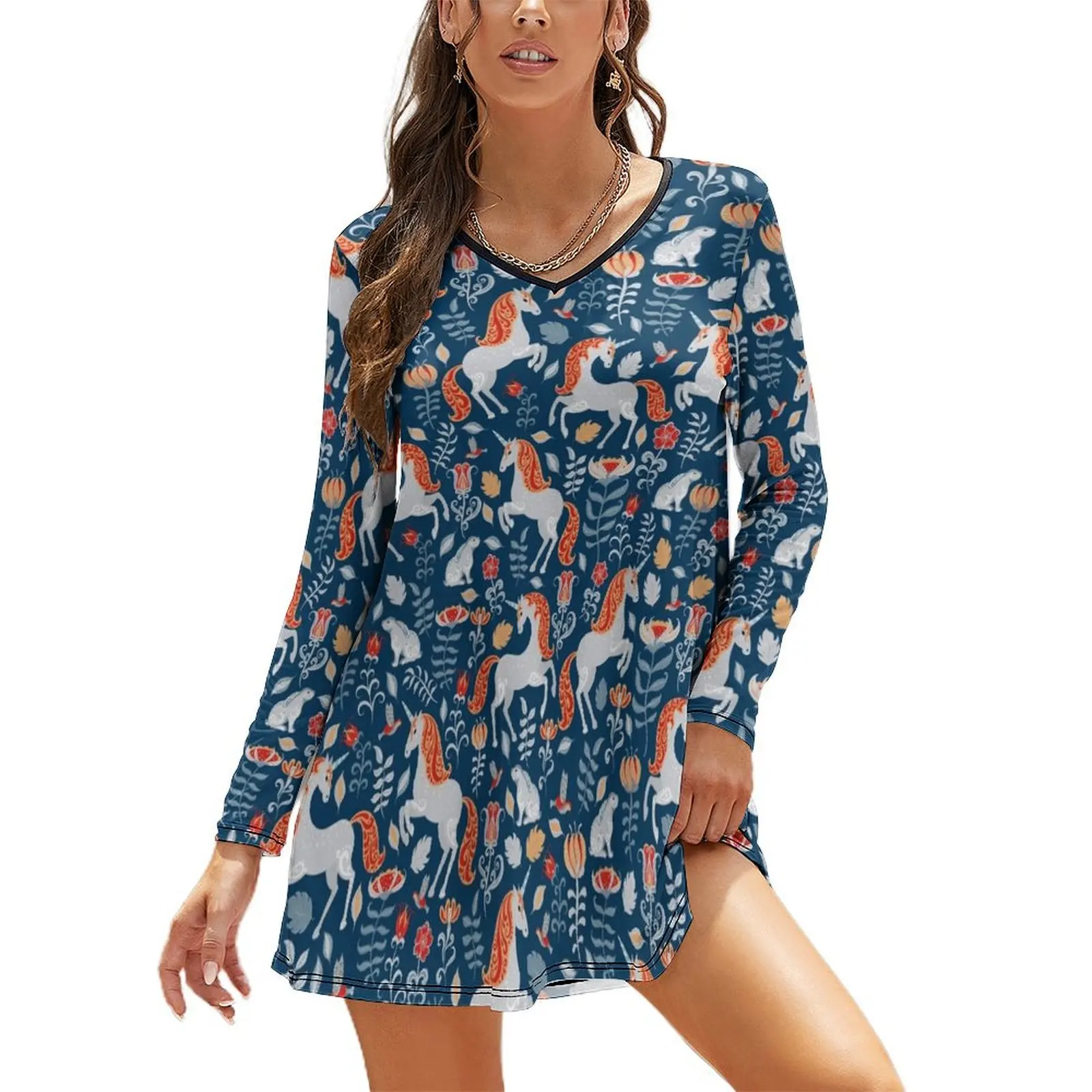 

Unicorns, rabbits, birds, flowers. decorative seamless pattern. Folk art. Long Sleeved Loose Dress Women's summer long dress