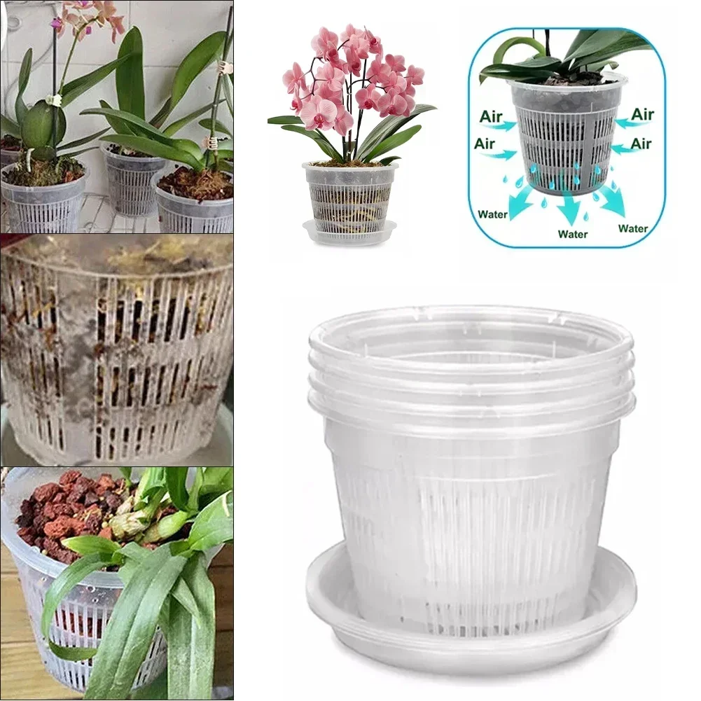 5pcs Orchid Flower Pot With Saucers Plastic Clear Repotting Pot With Holes Mesh Root Control Breathable