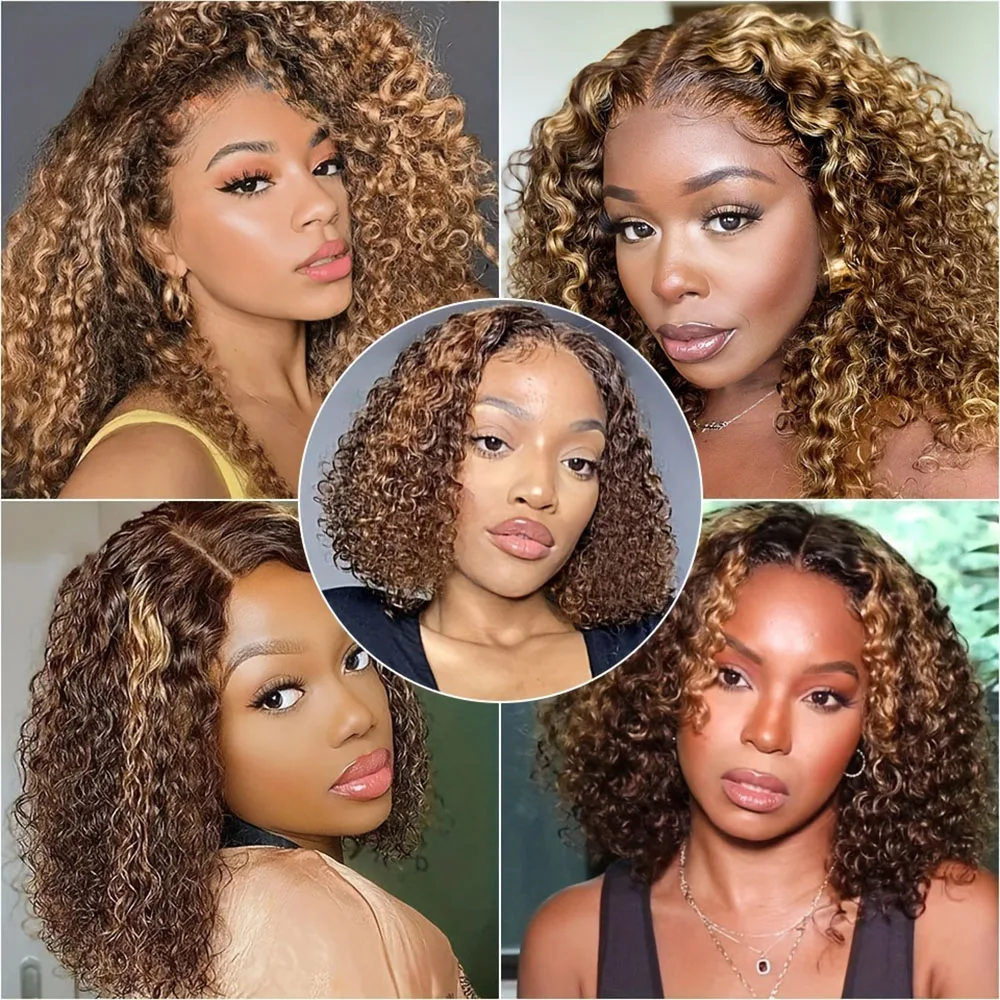 Deep Wave Highlight Ombre Lace Front Wigs Human Hair Bob 5x5 HD Transparent Lace Frontal Wigs P4/27 Deep Curly Wigs For Women