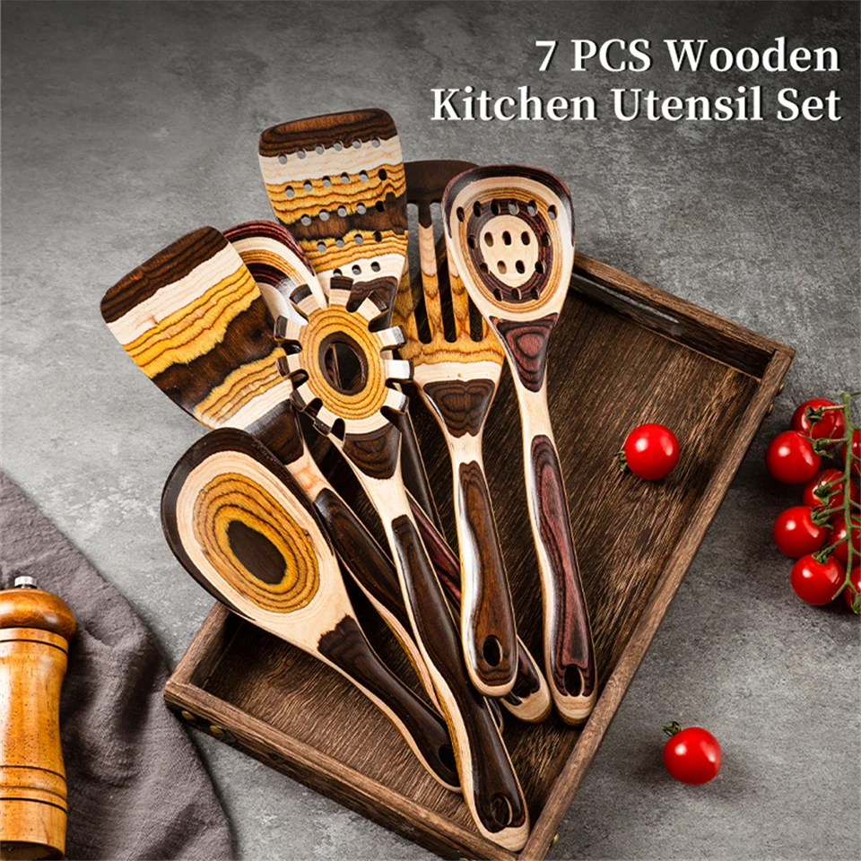 Eco Friendly 7 Piece Pakkawood Cooking Utensil Set