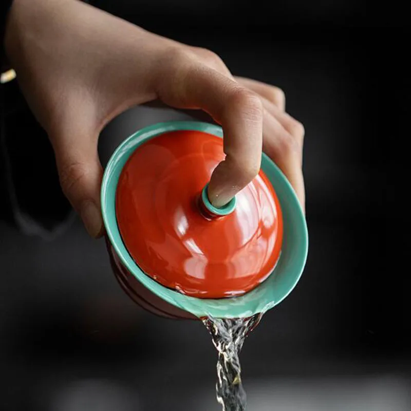 Forbidden City Red Porcelain Tea Tureen Kungfu Tea Cup Drinking Set Creative Gourd Shape Infuser Bowl