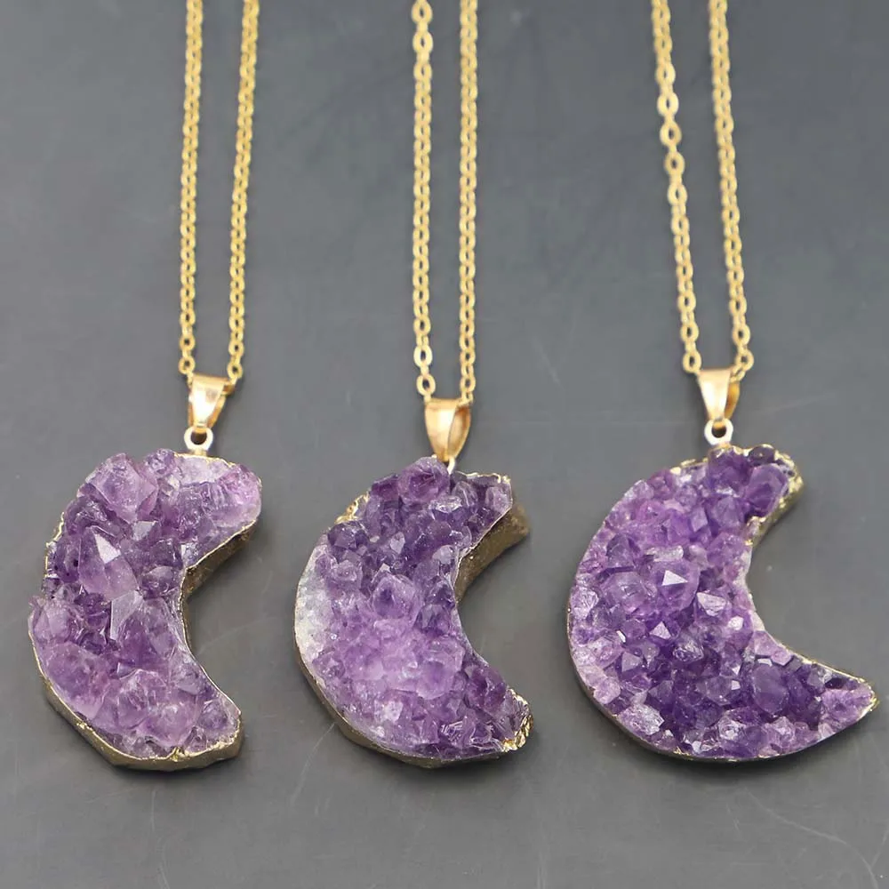 Natural Raw Ore Amethyst Cluster Moon Shaped Pendant Gold Plated Irregular Crystal Bud Mencius Necklace DIY Jewelry Wholesale 3P