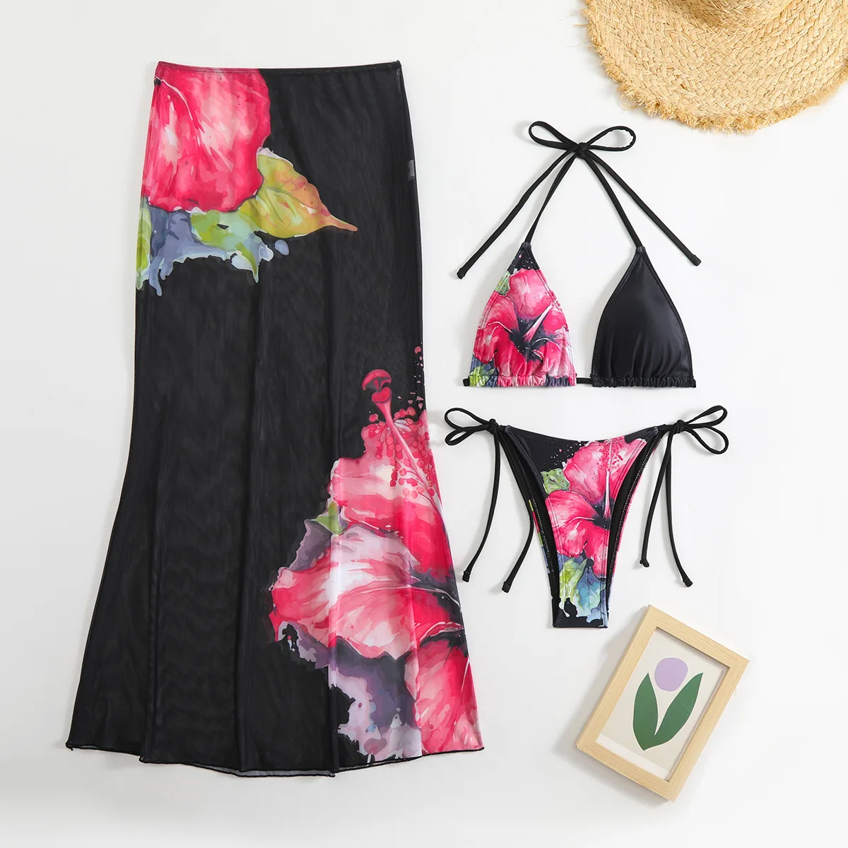 Costume da bagno 3 pezzi con stampa floreale - Dettaglio cuciture