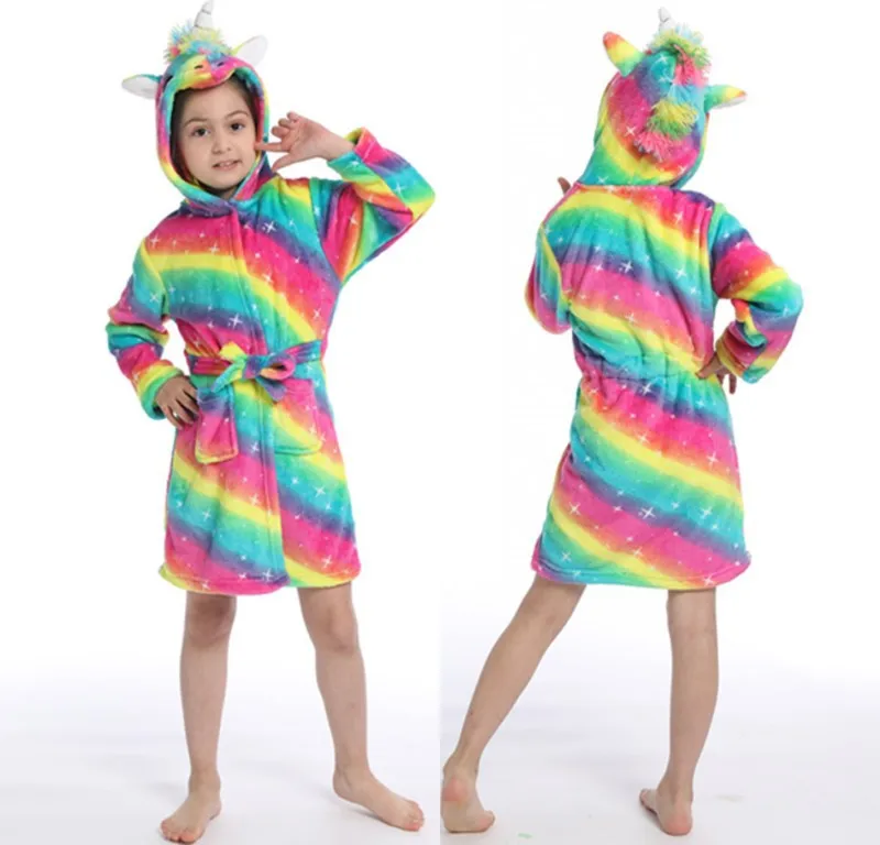 Kids Cartoon Unicorn Robes Winter Baby Girls Boys Bathrobe Sleepwear For Children Flannel Hooded Pajamas Plush Warm Homewear