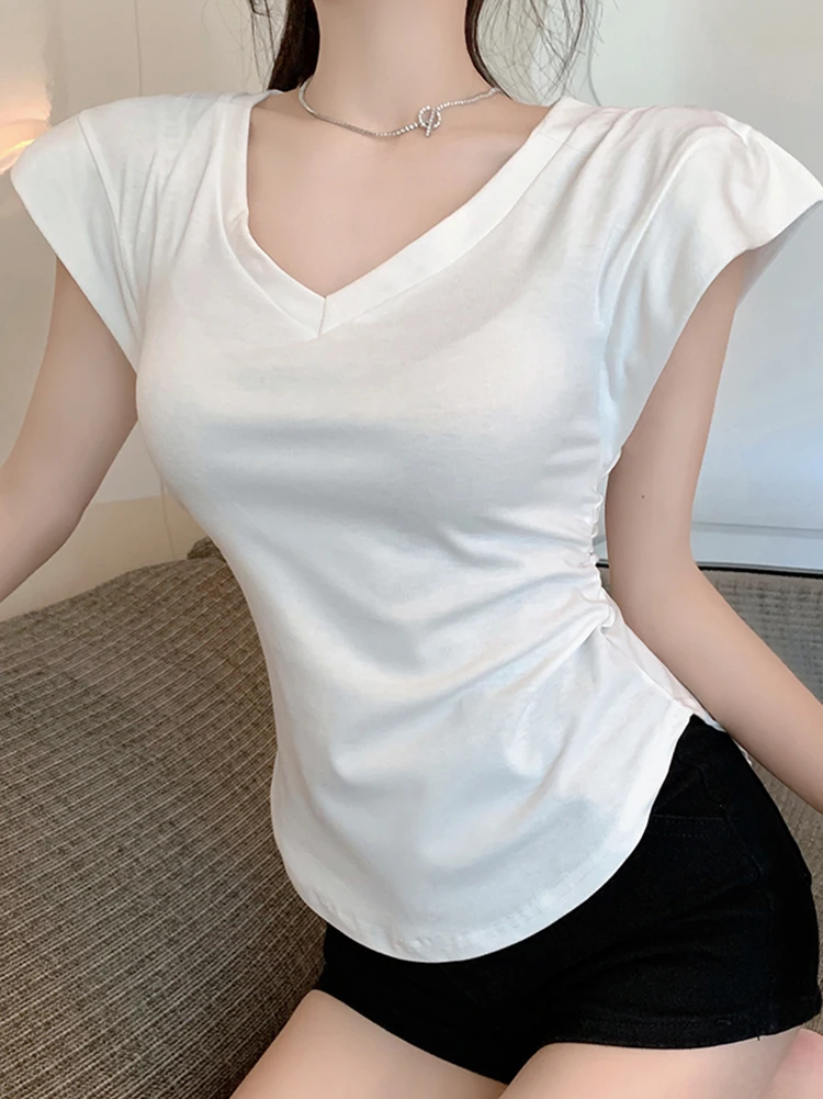 

V Neck Cotton T Shirt Women Basic Slim 2023 Summer Korean Fashion Tops Irregular Short Sleeve Female White Black Tee Shirt Femme