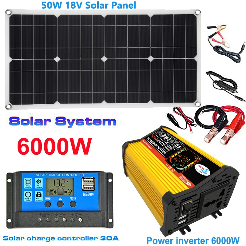 12V to 110V/220V 50W Solar Panel System + 30A Charge Controller + 6000W Modified Sine Wave Inverter Power Generation Kit grid solar inverter solar controller solar panel kit