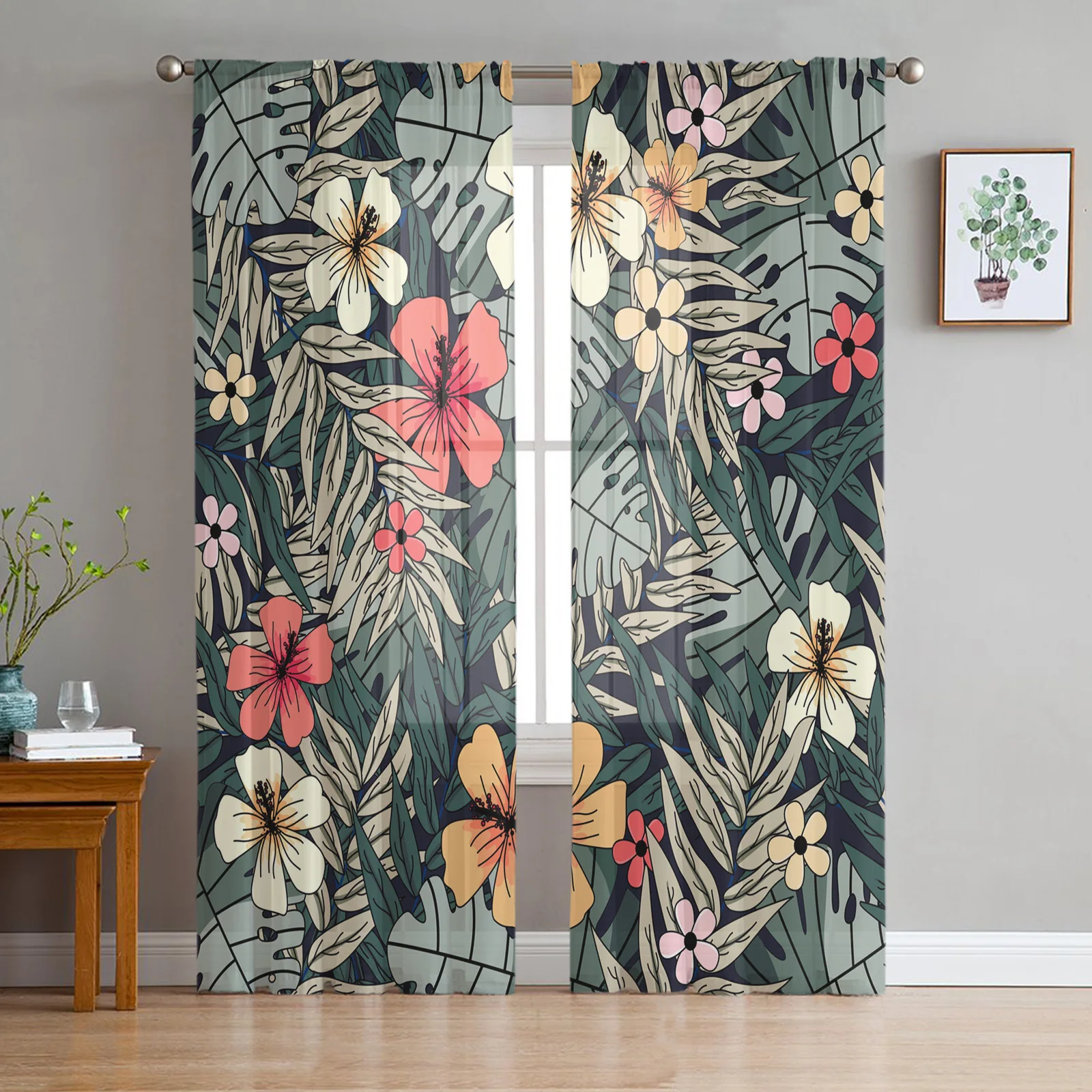 

Tropical Plants Leaves Flowers Tulle Sheer Window Curtains for Living Room the Bedroom Voile Organza Decorative Curtains Drapes