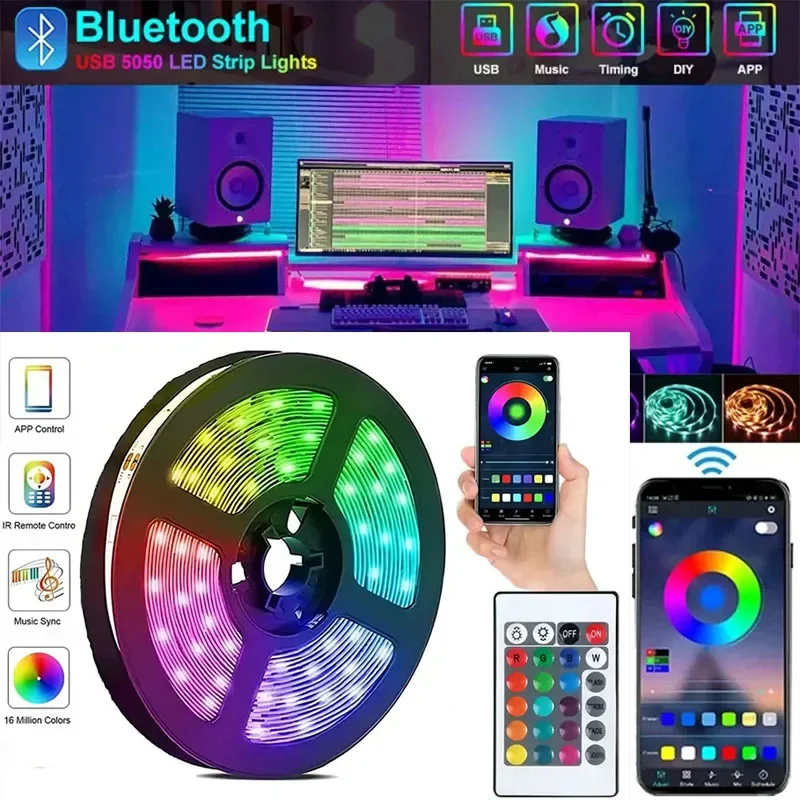 LED Strip Lights 5050 RGB Bluetooth APP Remote Control USB 5V Led Tape Diode Flexible Ribbon for Christmas Room Decor
