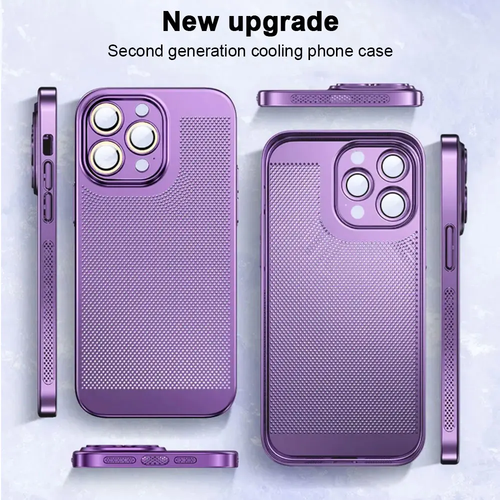 Фото Ультратонкий охлаждающий сетчатый чехол для телефона iPhone 15 14 13 12 11Promax XSMAX с защитой от отпечатков пальцев, чехол из поликарбоната со стеклянной пленкой для объектива №4