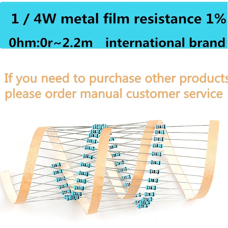 100pcs 1/4W 1R~22M 1% Metal Film Resistor 100R 220R 1K 1.5K 2.2K 4.7K 10K 22K 47K 100K 100 220 1K5 2K2 4K7 Ohm Resistance