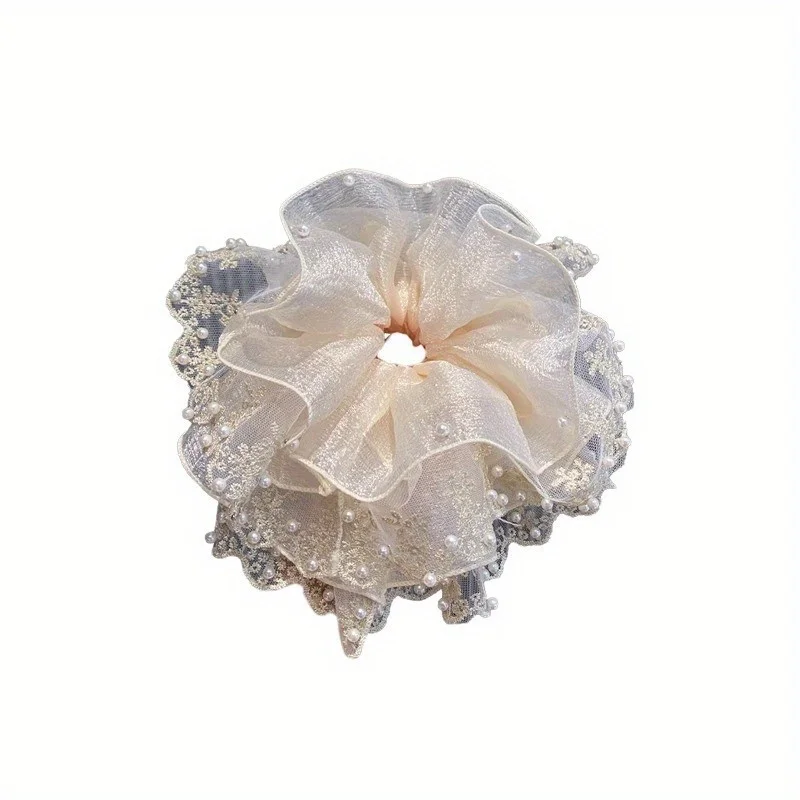 Ätherisches Französisches Elegantes Spitzen-Perlen-Haargummi, Modisches Vielseitiges Haargummi mit Hoher Elastizität, Netz-Haaraccessoire für Frauen – Detail 6