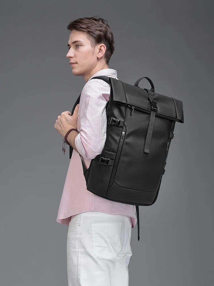 Black Waterproof Expandable Rolltop Backpack Men's 15.6 inch Laptop Bag Outdoor Travel Hiking Rucksack with Roll Top Closure - S6d3f338dc80f447d93c1b28d97a8b6d3q 