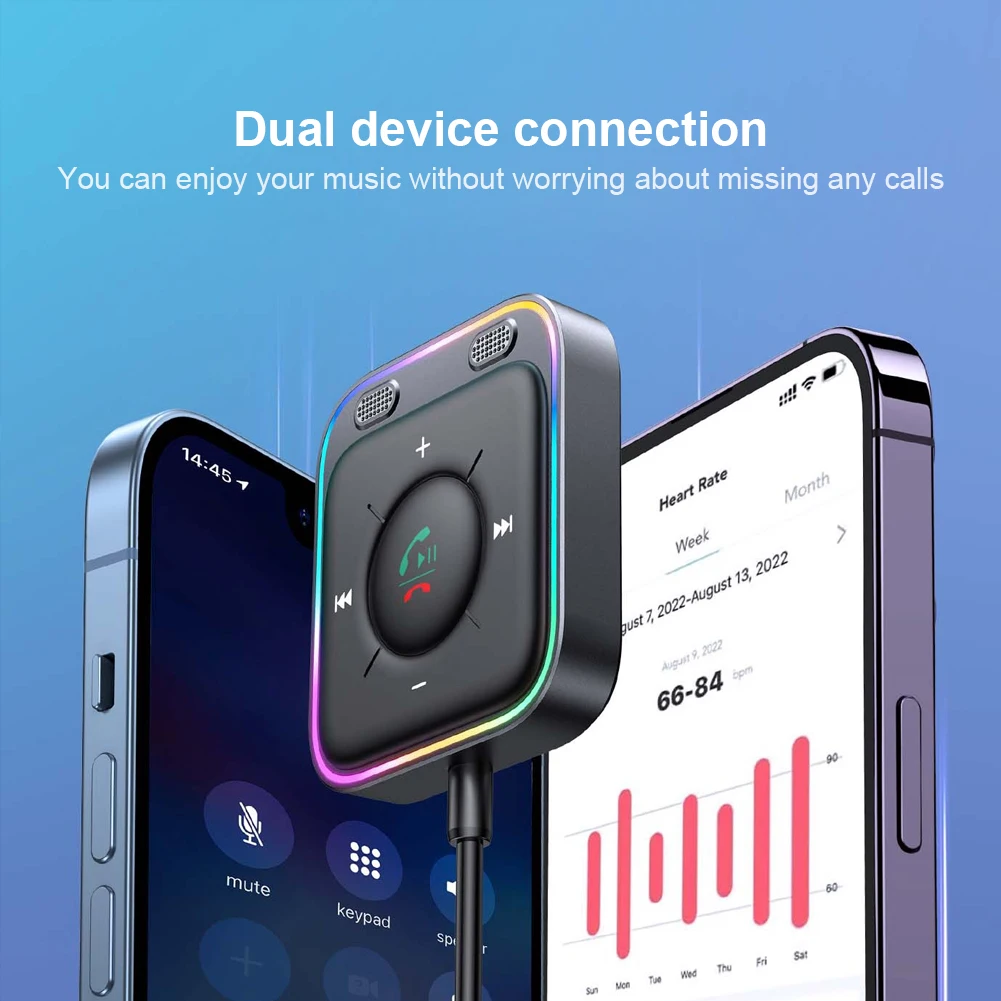 차량용 블루투스 호환 5.3 MP3 플레이어, 향상된 AUX 어댑터, 듀얼 마이크 오디오 송신기, 노이즈 캔슬링, 3.5mm