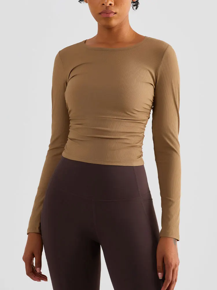 Tops de Yoga de cintura esbelta con pliegues laterales para mujer, camisas de manga larga con cuello redondo para Fitness, jerséis de entrenamiento para gimnasio, abrigos deportivos, ropa de Zumba