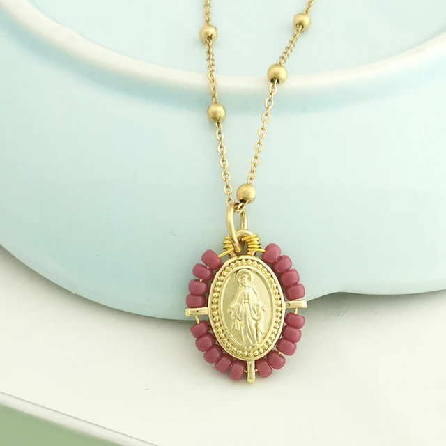 Collier ras du cou pour femme avec pendentif Vierge Marie, chaîne en acier inoxydable couleur or, perles de rocaille, style bohème blanc, noir, rose