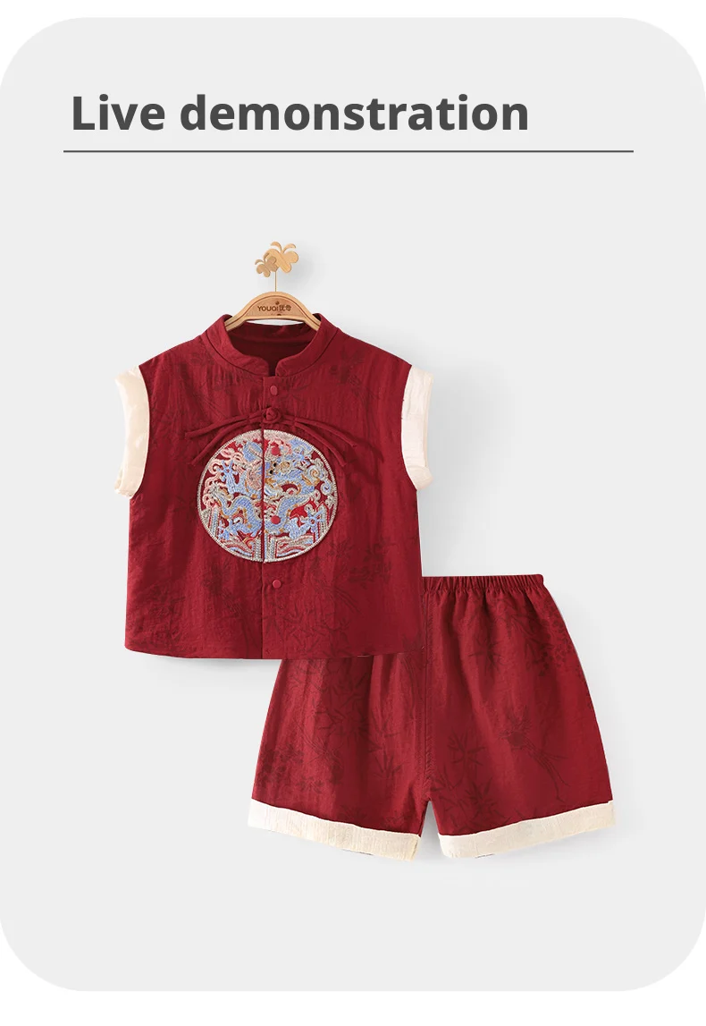 【Youqi】زي أطفال صيني للأطفال من عمر 0 إلى عامين، طقم صيفي شورت بأكمام قصيرة، زي احتفال مائة يوم على شكل قمر كامل أحمر، طقم مكون من قطعتين لعيد الميلاد الأول
