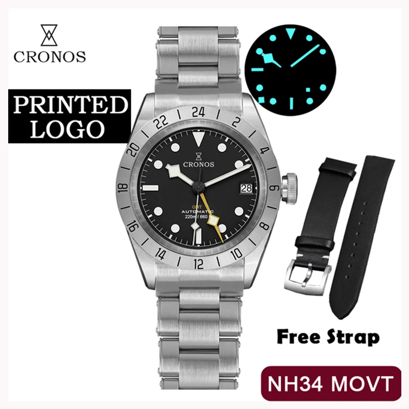 

Cronos Men Watch 39mm NH34 Movement Automatic Vintage GMT Mechanical Sapphire Glass Date Window BGW9 Luminous 200M Waterproof