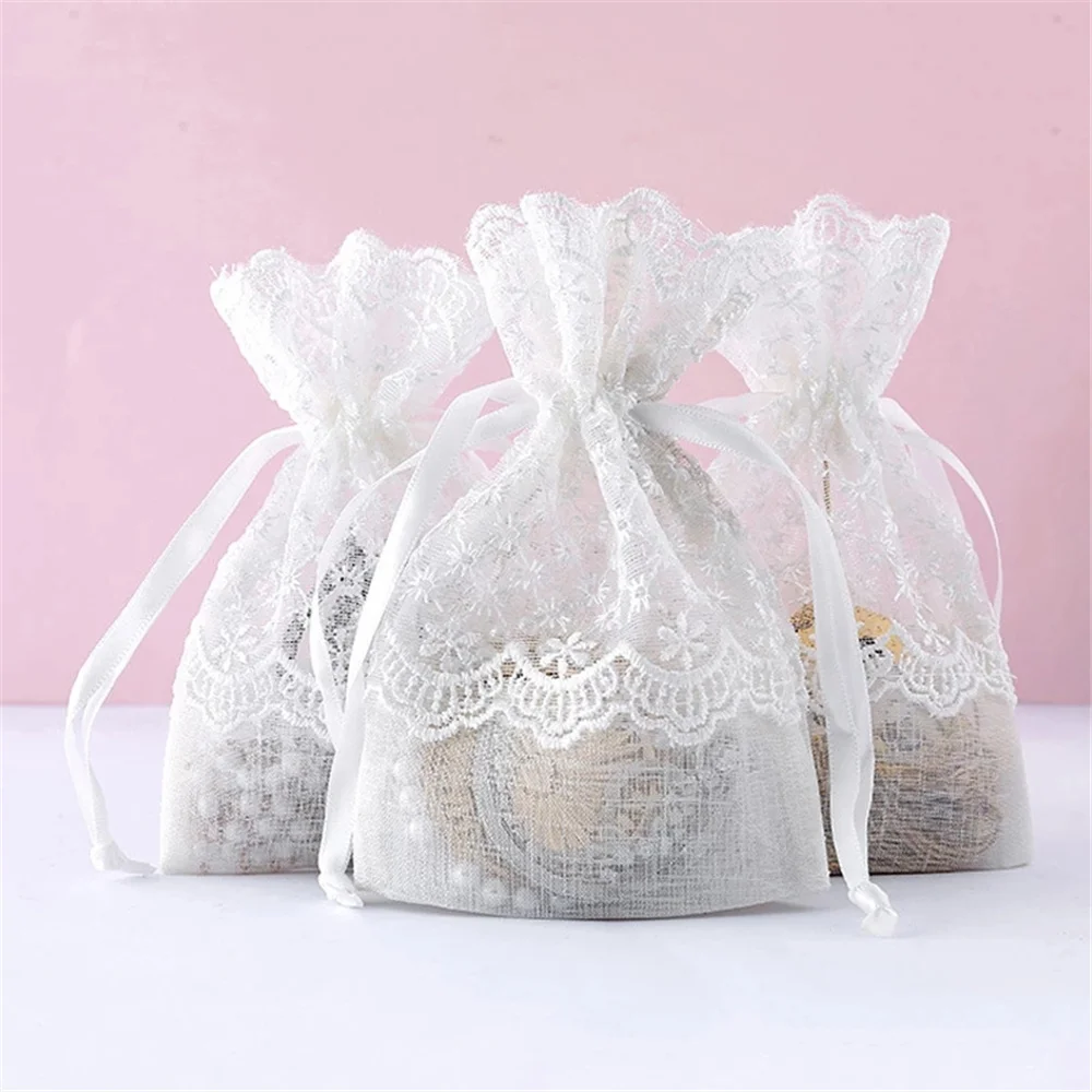 White Drawstring Lace Mesh Bags Jewelry Gifts Packaging Bag Wedding Party Cosmetics Biscuit Candy Chocolate Bag Pouches 10x14cm