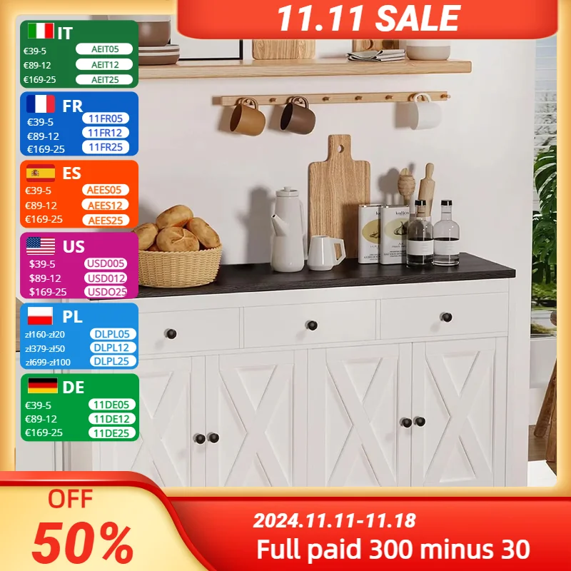 REDLIFE 55" Farmhouse Buffet Cabinet Storage Sideboard w/ Drawers Coffee Bar Display Cabinet for Dining Room Kitchen Living Room