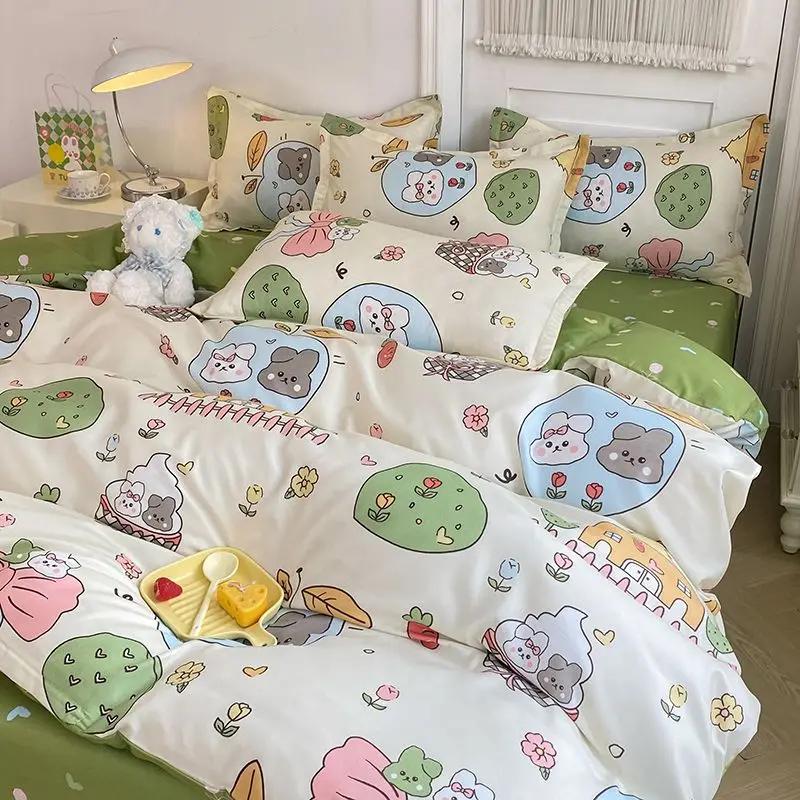 Bedding Set Aesthetic Rabbit Bear Twin Duvet Cover Flat Sheet Pillowcase No  Filling Soft Polyester Girls Boys Queen Bed Linen - AliExpress