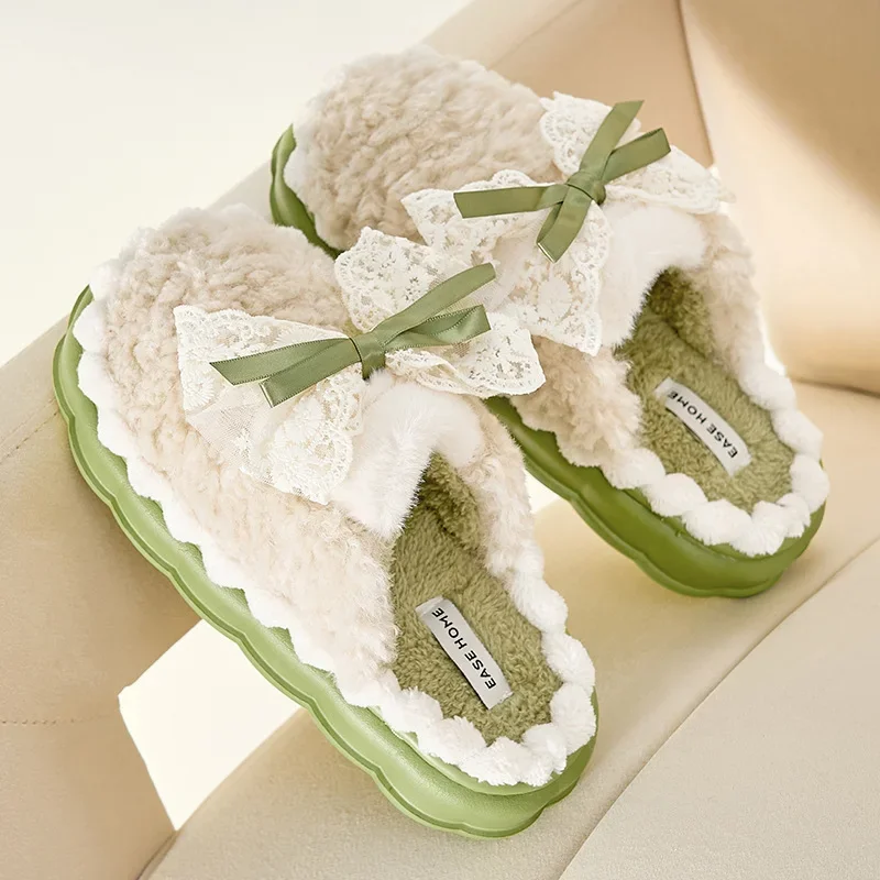Bow cotton slippers female cute autumn/winter new home warm thick-soled ladies couple home Mao Mao slippers Sweet home slippers