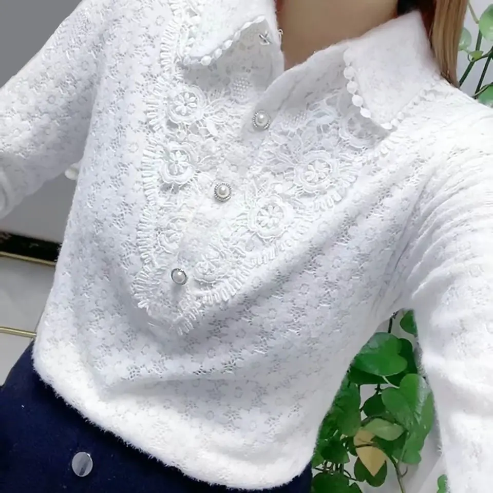 White All-match Fashion Jacquard Open Stitch Shirt Long Sleeve Polo-Neck Office Lady Chic Sexy Spring Autumn Loose Casual Blouse luckymarche le match active open top bucket hat qxrax23411whx