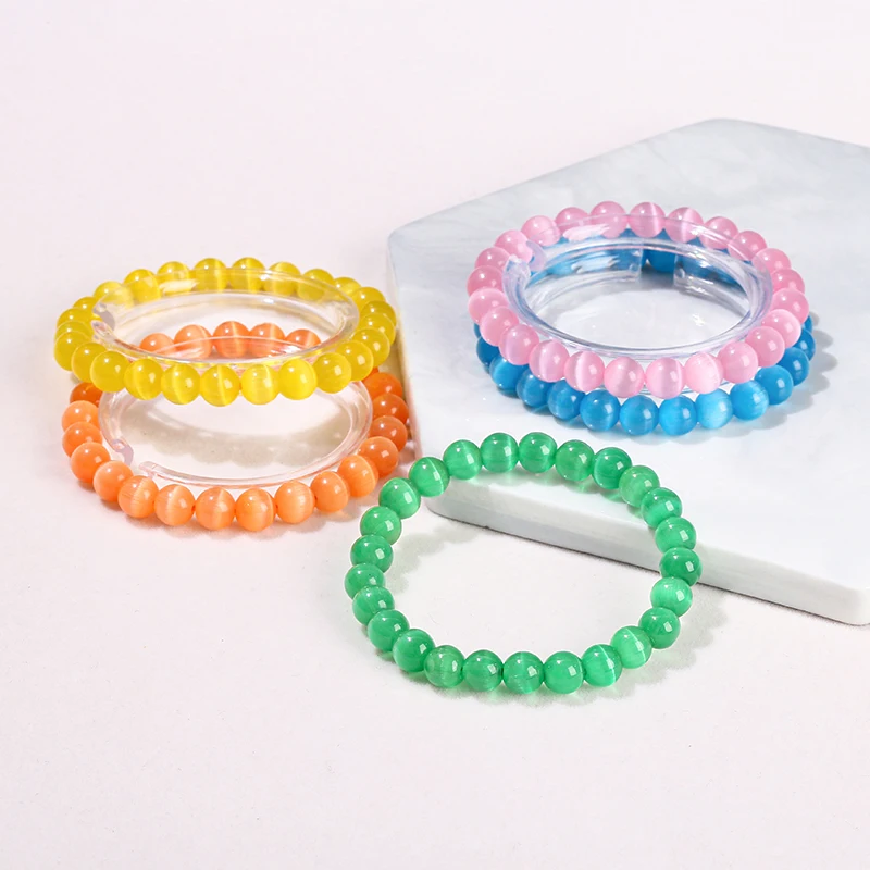 Pulsera de hilo de cuentas redondas de piedra de ojo de gato - Imagen 5