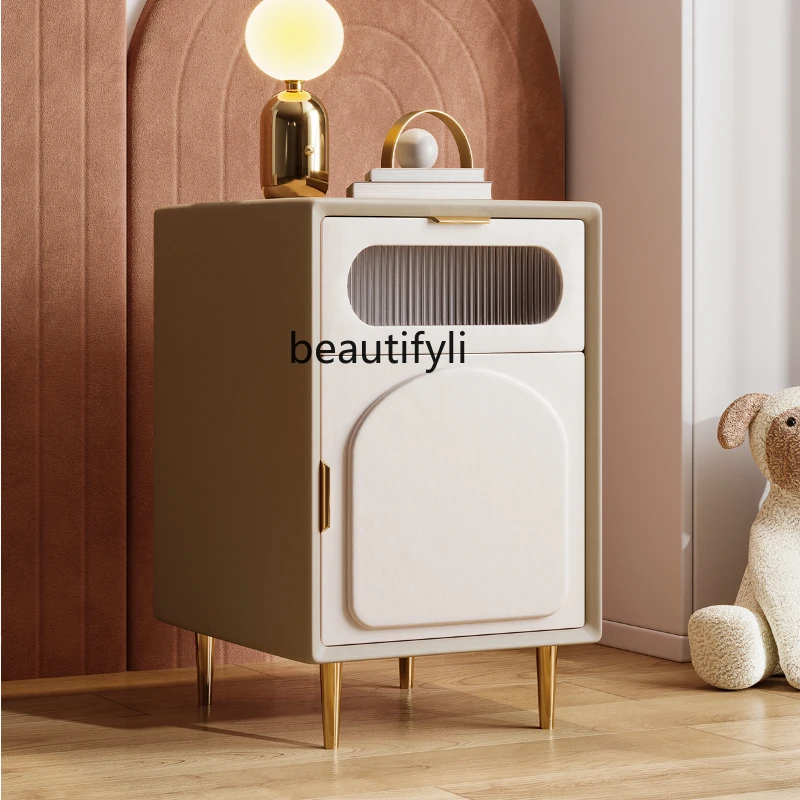 

yj Italian Mini Narrow Bedside Table Children's Room Leather Glass Solid Wood Bedside Cabinet Locker