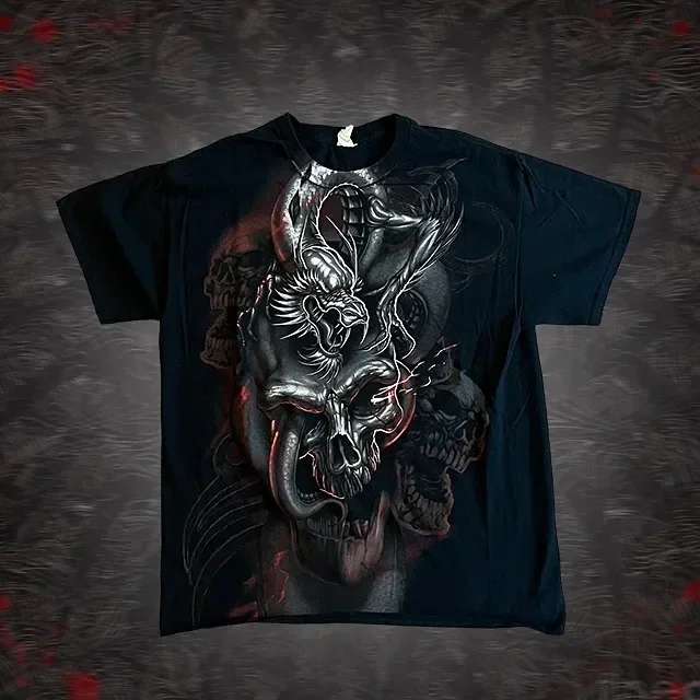 thumbnail image 1 of Popular camiseta de algodón con estampado de calavera TAPOUT, estilo gótico de calle alta, sencilla, de manga corta, estilo hip-hop Y2K, de gran tamaño, estilo pareja, 1 of 1