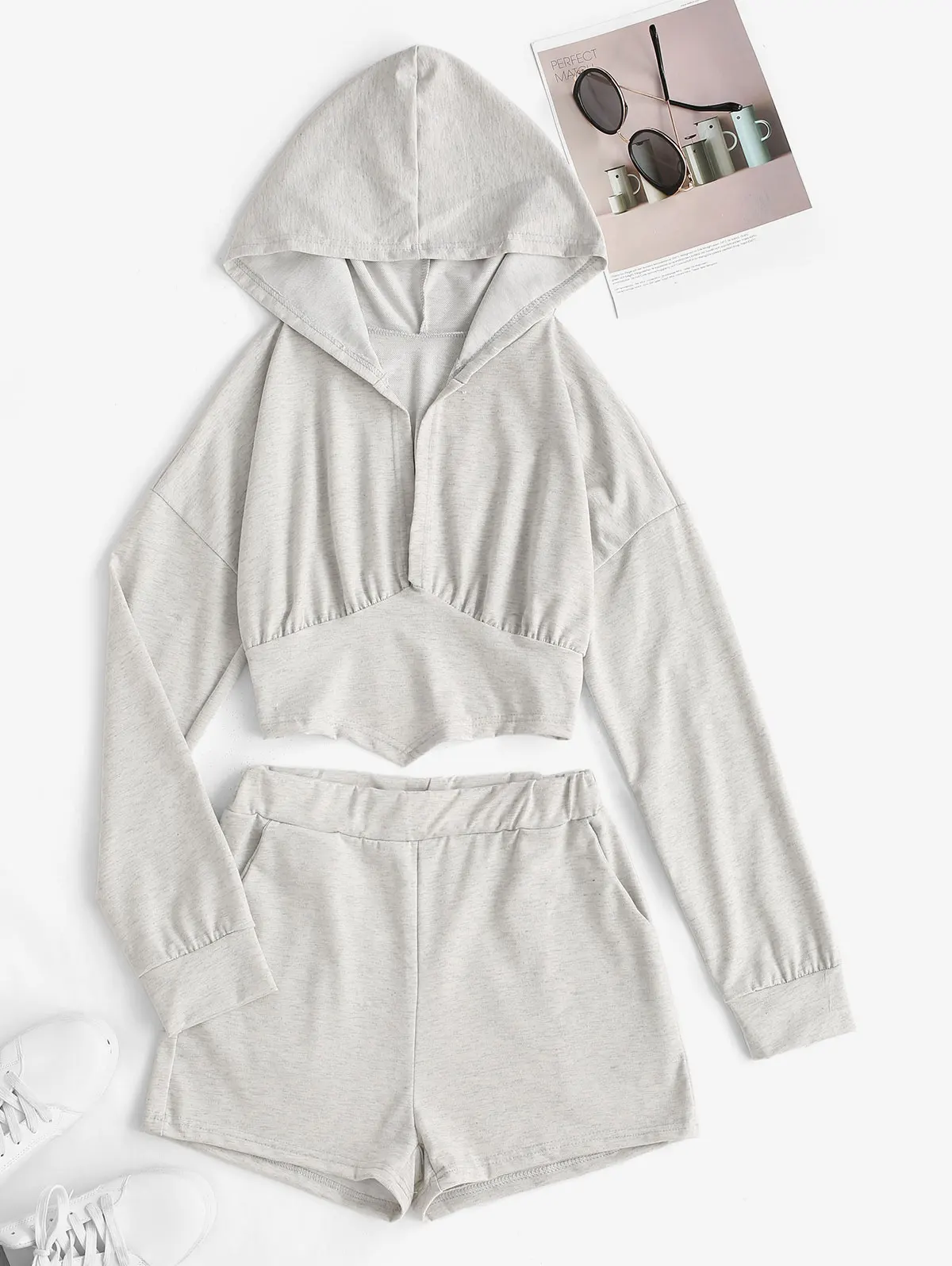 ZAFUL Marled Cropped Hoodie and Sweat Shorts Set Two Piece Set