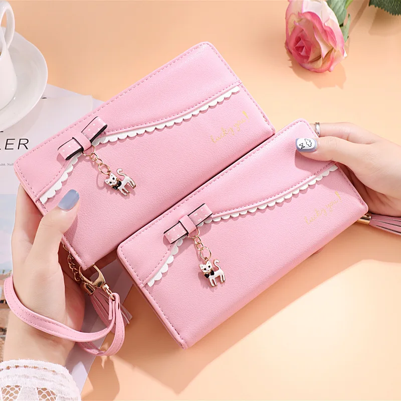 

Ladies Cell Phone Bag Pendant Cat Hand Strap Women's Tassel Zipper Medium Long Large Capacity Wallet Tri-Fold Clutch Card Bag