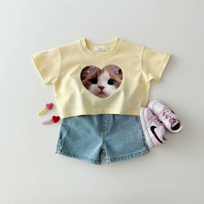 الصيف في سن المراهقة القطن تي شيرت الكرتون الحب الكلب طباعة ملابس الاطفال أزياء تي شيرت طفل الفتيان الفتيات لطيف قصيرة الأكمام ملابس أطفال