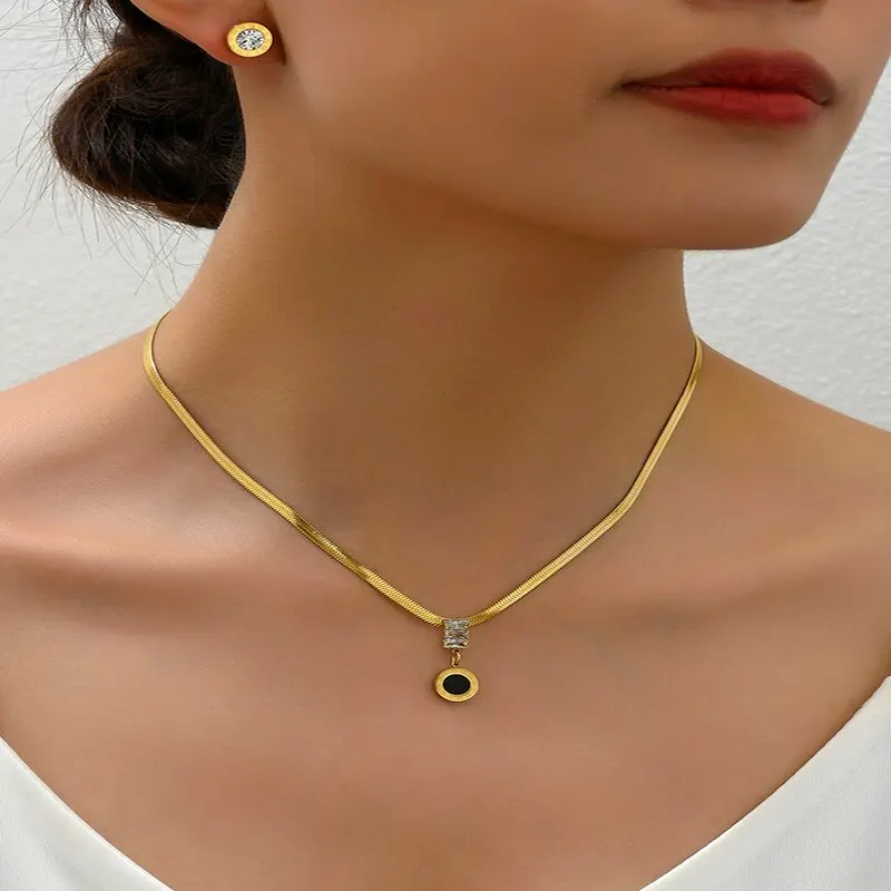 S6d40468eb8354769923b9c4110db992dA 2 Pcs Roman Numerals Pendant Earring Jewelry Set Gold Plated Snake Chain Bezel Set Crystal Stone Earrings Party Gift Mallzona