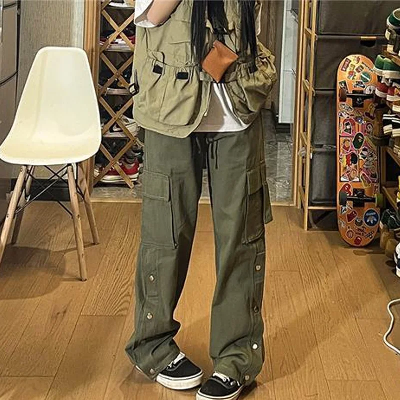 Summer New Solid Color Fashion Elastic Waist Cargo Pants Man Drawstring Pockets Patchwork Button Pure Cotton Y2K Straight Pants