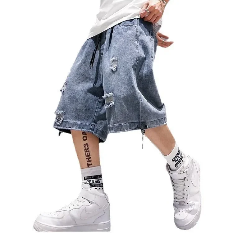 Denim Shorts Summer Men's Denim Shorts Trendy Loose-fit Seven-half Pants Holeed Casual Shorts Five-half Pants